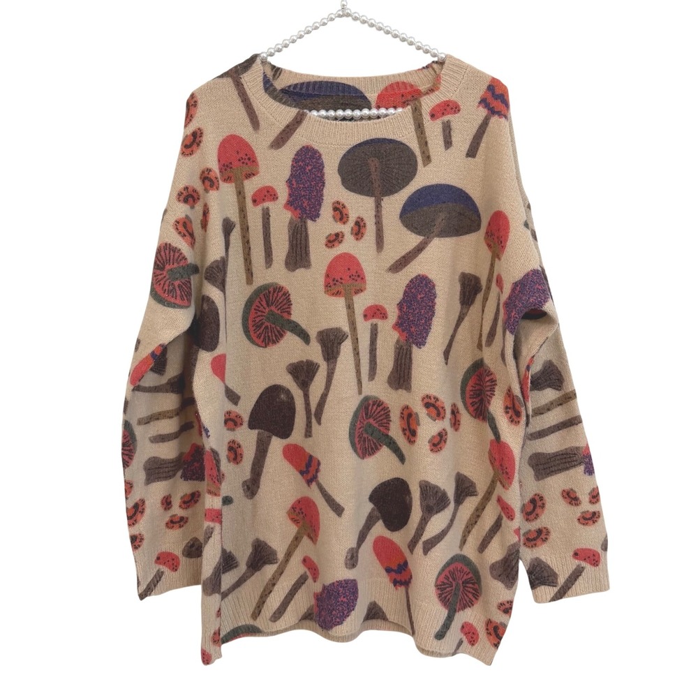 YESNO Mushroom Knit Sweater M Cotton Wool Cottagecore Goblincore Oversized EUC